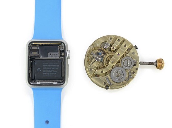 下图是apple watch的机芯和传统机械表机芯进行的对比.