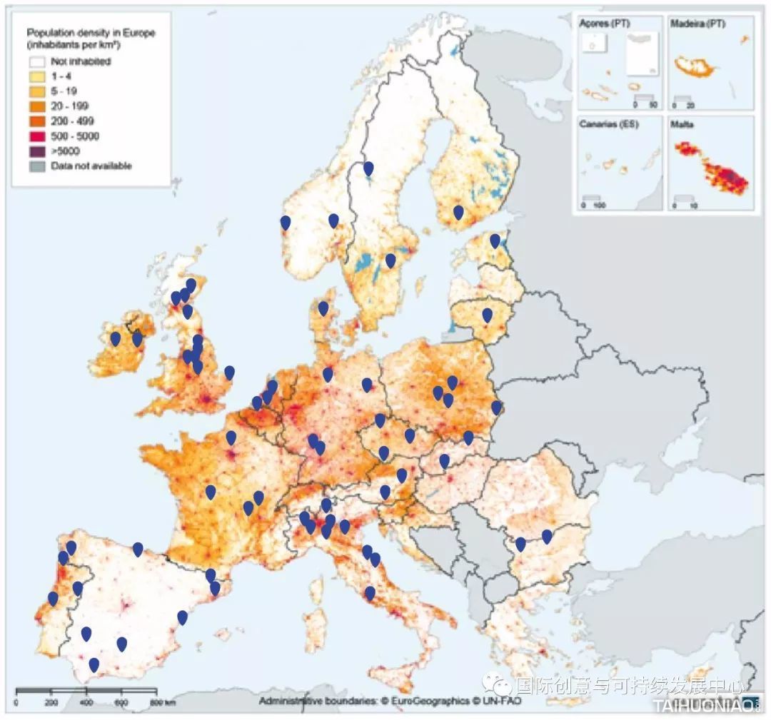 图丨欧洲每平方公里居民人口密度分布(截至2011年)