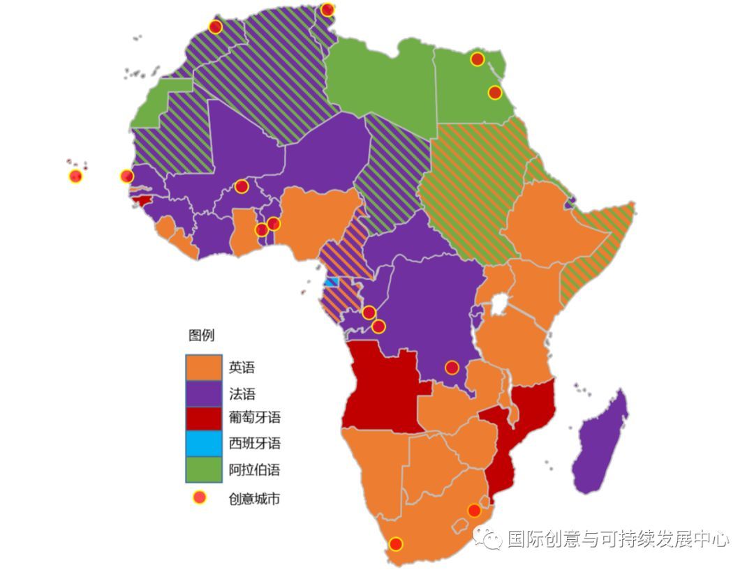 图丨非洲国家官方语言及创意城市分布(截至2019年7月)